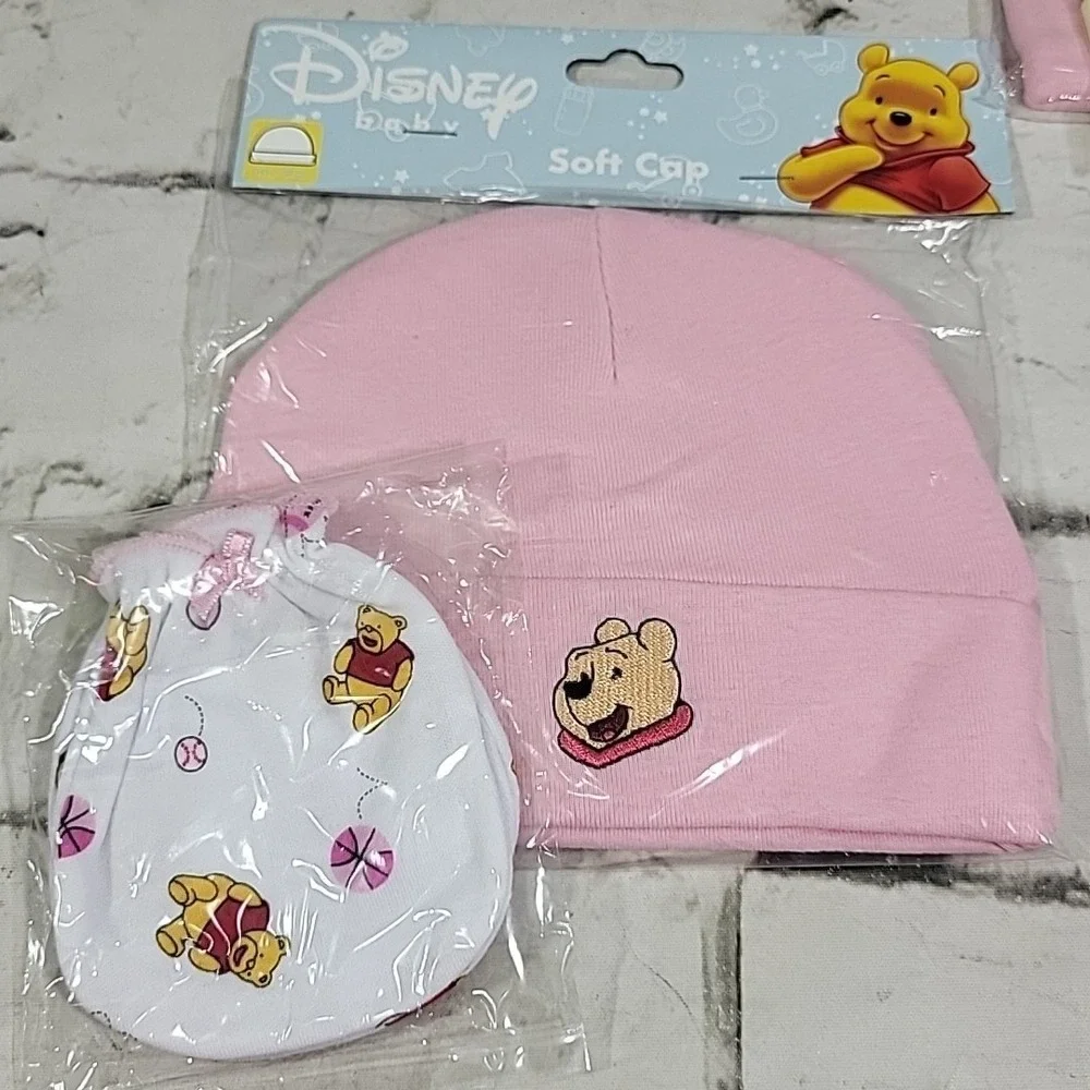 Disney Baby Winnie The Pooh Infant Lot Soft Caps Hats Mittens 3 Each Pink Yellow